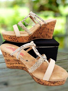Jellypop Selina Wedge Sandals 8.5 Boho Cork Heel Thong Charm Embellished Summer
